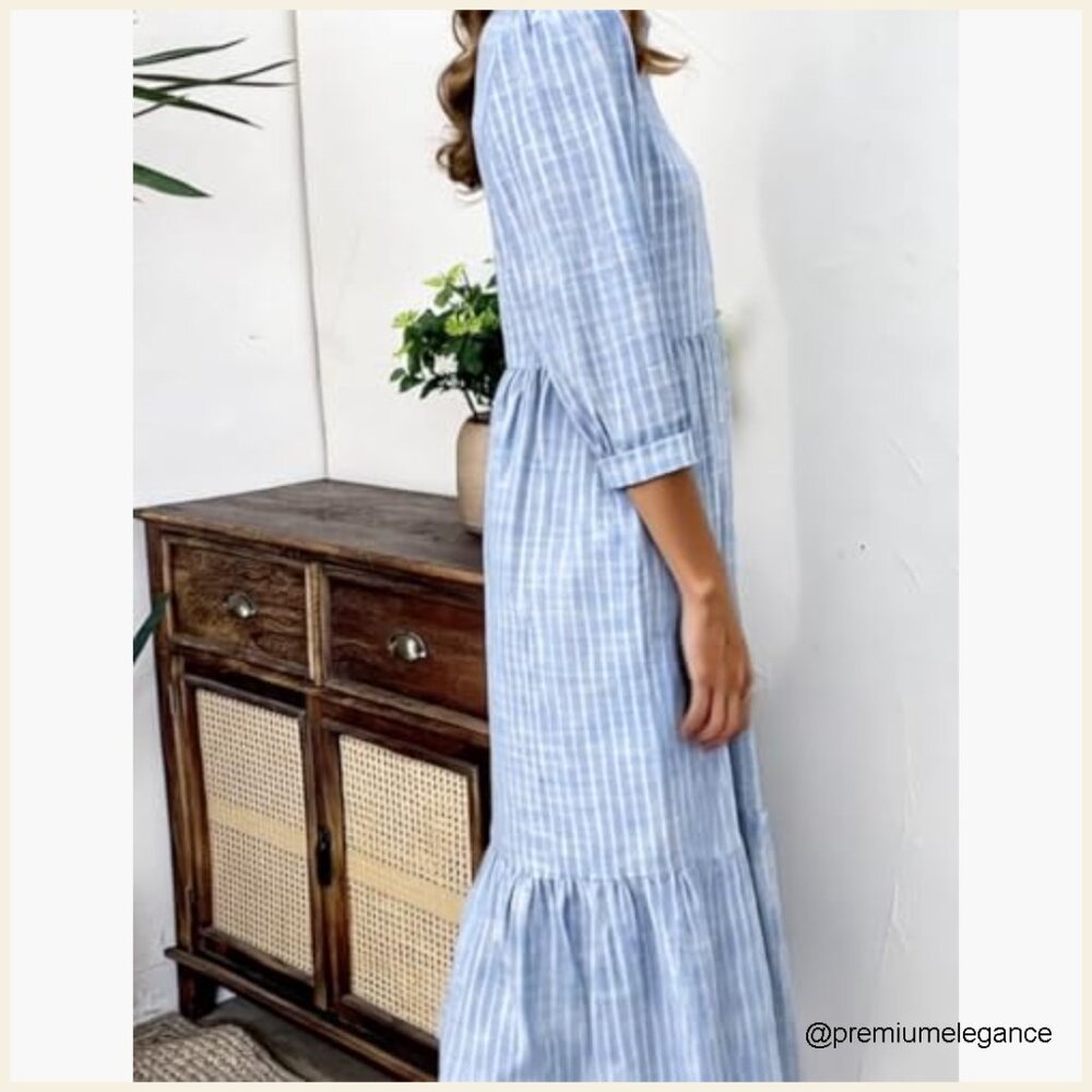 Maxi Dress with Pockets, 3/4 Sleeve, Loose Fit, Tiered Skirt, V-Neck - Picture 3 of 7